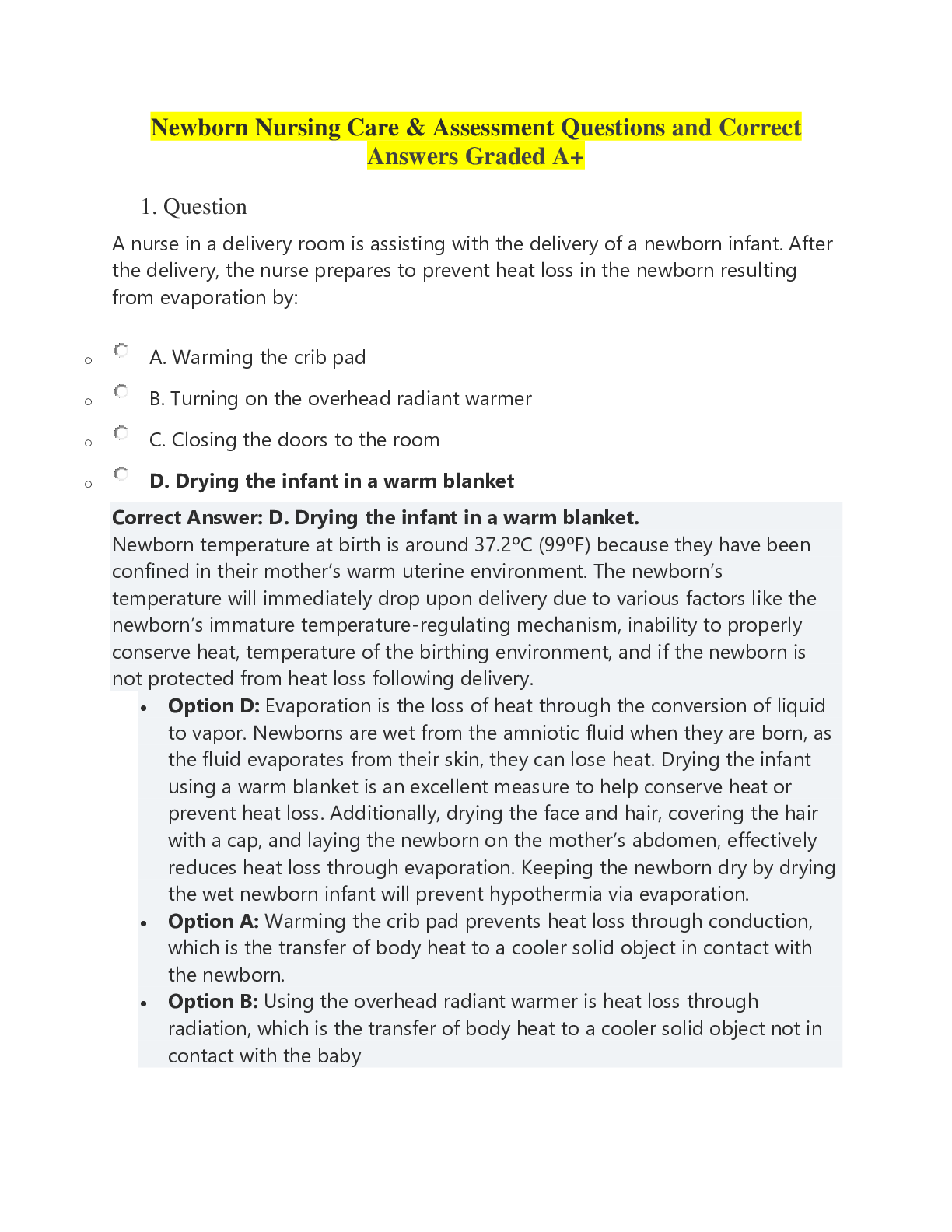 Preview of Newborn Nursing Care & Assessment Questions and Correct Answers Graded A+